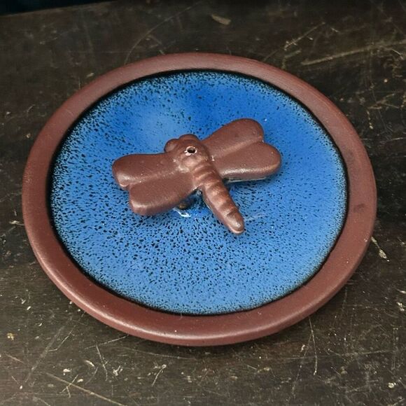 Dragonfly Cobalt Glazed Pottery Incense Holder Trinket Dish - Picture 6 of 6